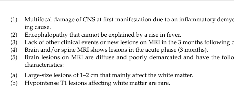 ## Context ID: pqac-00000024 The document summarizes ADEM diagnostic criteria and typical MRI lesion characteristics. Section 4.3 on page 30 lists the diagnosti