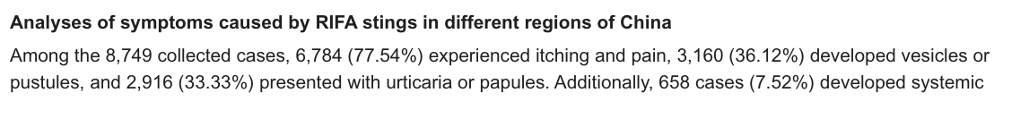 ## Context ID: pqac-00000035 The symptom frequency information for the 8,749 individuals can be found in the "Analyses of symptoms caused by RIFA stings in diff