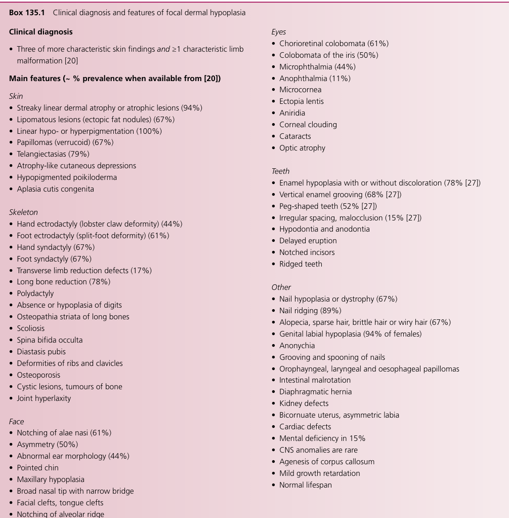 ## Context ID: pqac-00000056 Box 135.1 on page 1709 (page 4 of the document) provides the clinical diagnostic criteria and phenotype frequencies for focal derma