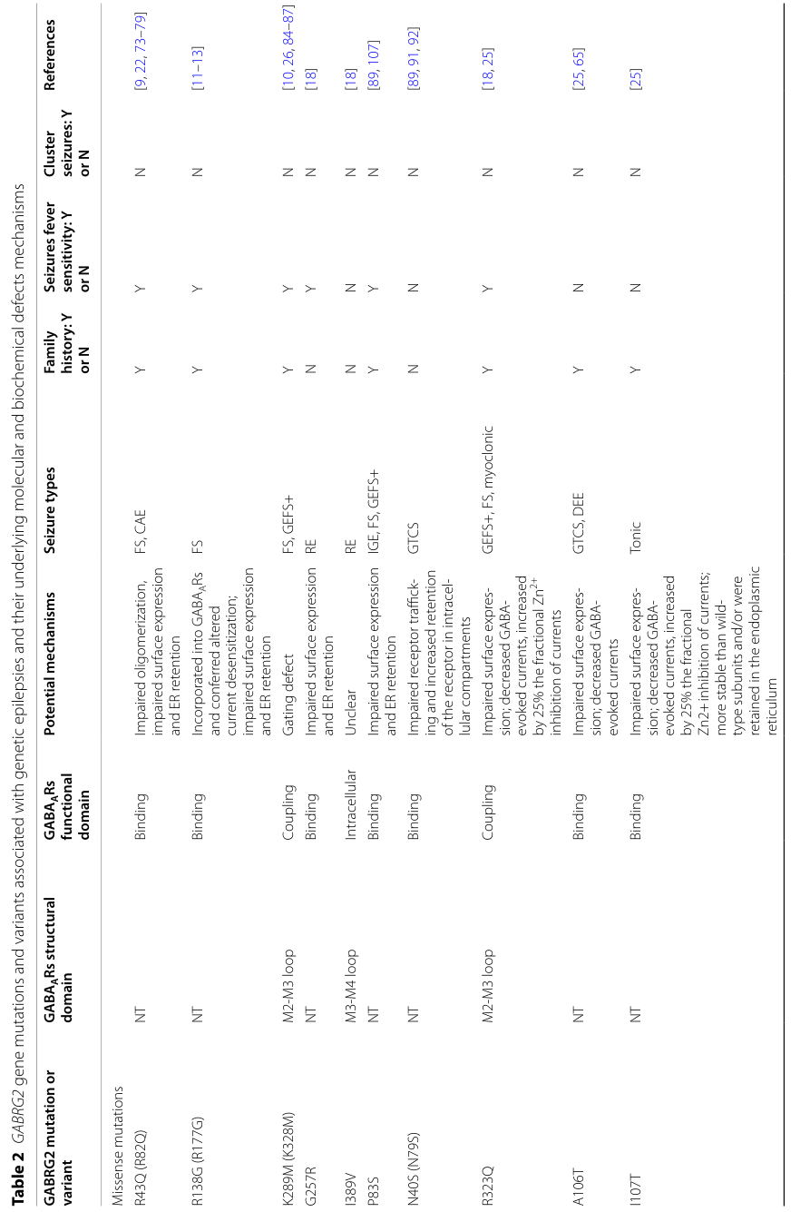 ## Context ID: pqac-00000021 Table 2 summarizes GABRG2 mutation types (missense, nonsense, splice-site, and frameshift) and their association with various seizu