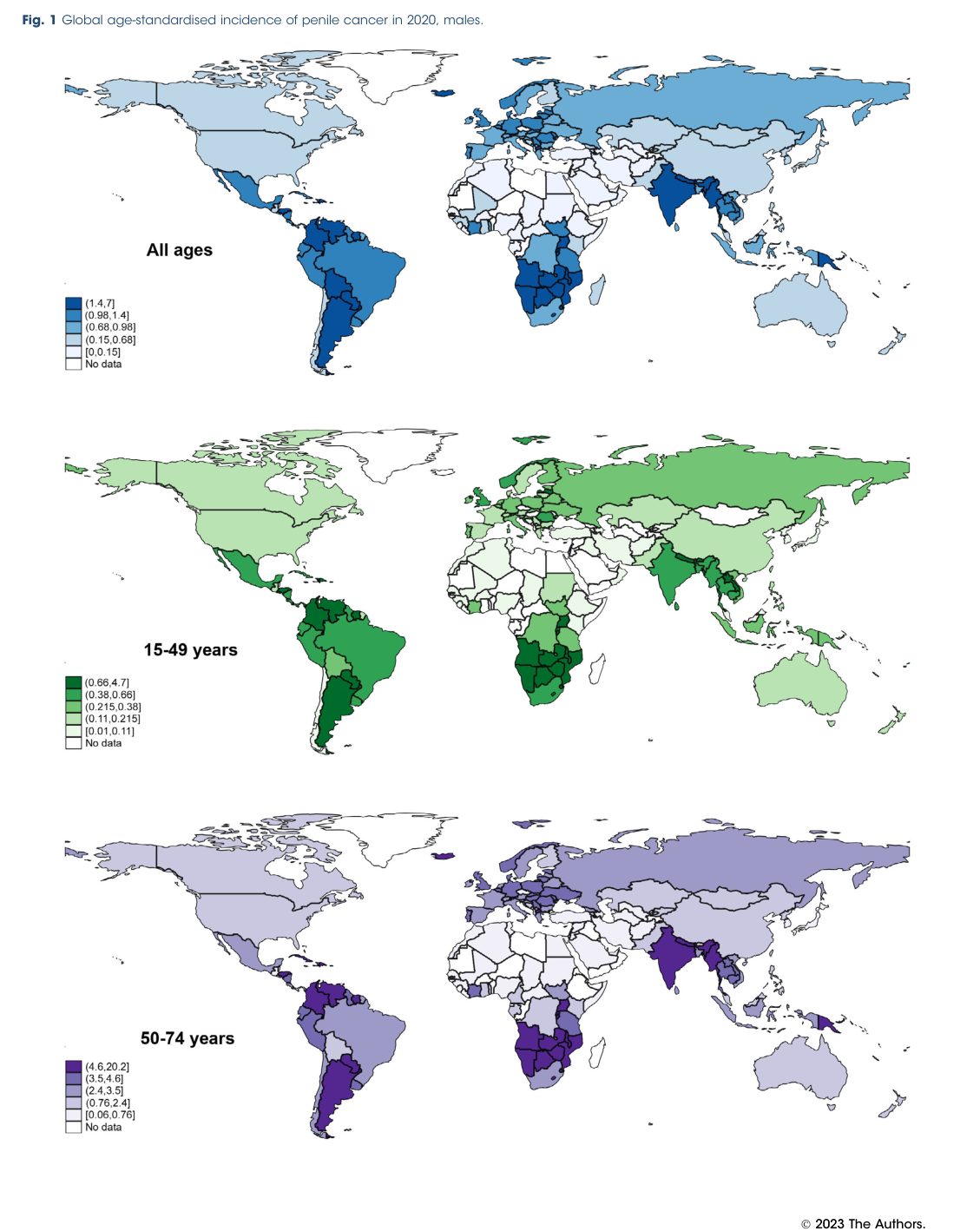 ## Context ID: pqac-00000033 Figure 1 shows the global age-standardised incidence (ASR) of penile cancer in 2020, with regional distribution across different ag